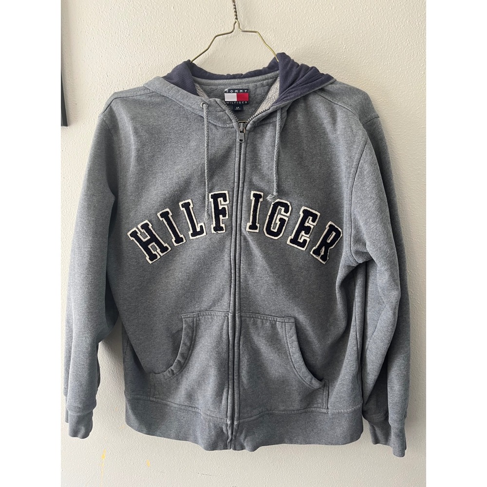 TOMMY HILFIGER Full Zip Hoodie Spellout Logo Mens S Gray Y2K Sweatshirt